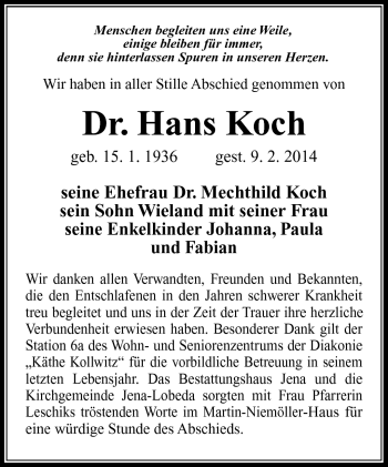 Traueranzeige von Hans Koch von Südthüringer Presse
