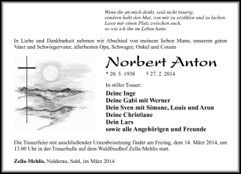 Traueranzeige von Norbert Anton von Südthüringer Presse
