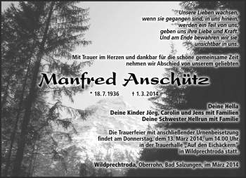 Traueranzeige von Manfred Anschütz von Südthüringer Presse