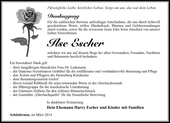 Traueranzeige von Ilse Escher von Südthüringer Presse