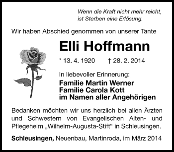 Traueranzeige von Elli Hoffmann von Südthüringer Presse