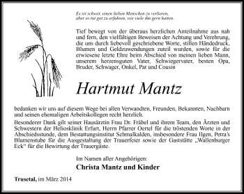 Traueranzeige von Hartmut Mantz von Südthüringer Presse