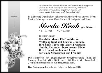 Traueranzeige von Gerda Krah von Südthüringer Presse