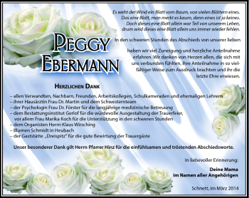 Traueranzeige von Peggy Ebermann von Südthüringer Presse