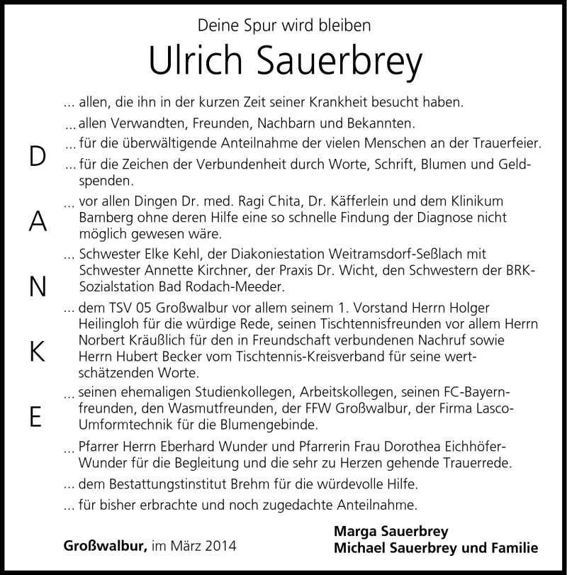 Traueranzeige für Ulrich Sauerbrey vom 08.03.2014 aus Neue Presse Coburg