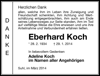 Traueranzeige von Eberhard Koch von Südthüringer Presse