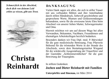 Traueranzeige von Christa Reinhardt von Südthüringer Presse