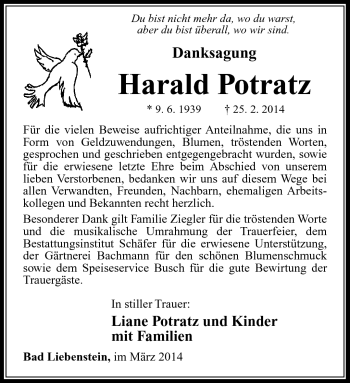 Traueranzeige von Harald Potratz von Südthüringer Presse