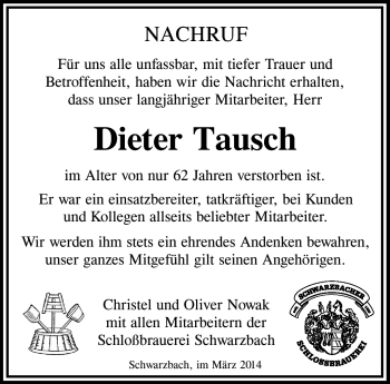 Traueranzeige von Dieter Tausch von Südthüringer Presse