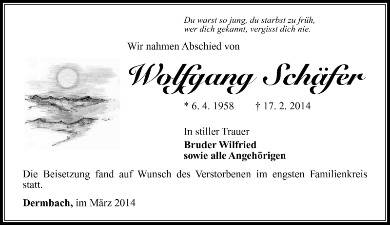  Traueranzeige für Wolfgang Schäfer vom 08.03.2014 aus Südthüringer Presse
