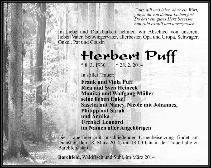  Traueranzeige für Herbert Puff vom 14.03.2014 aus Südthüringer Presse