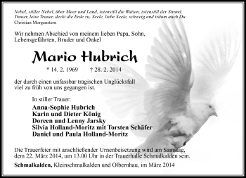Traueranzeige von Mario Hubrich von Südthüringer Presse