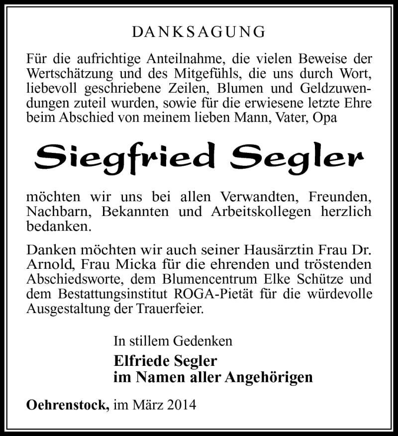  Traueranzeige für Siegfried Segler vom 08.03.2014 aus Südthüringer Presse