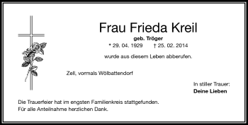 Traueranzeige von Frieda Kreil von Frankenpost