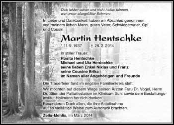 Traueranzeige von Martin Hentschke von Südthüringer Presse