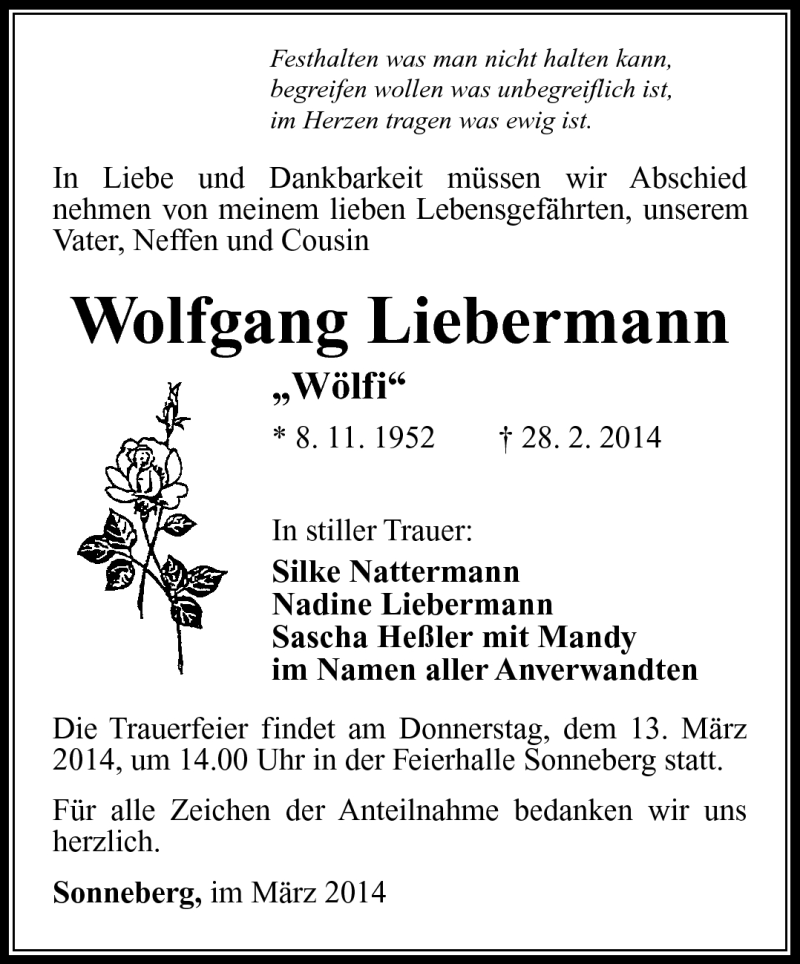  Traueranzeige für Wolfgang Liebermann vom 10.03.2014 aus Südthüringer Presse