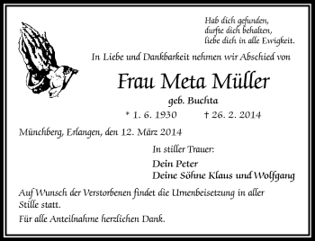 Traueranzeige von Meta Müller von Frankenpost