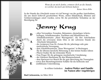 Traueranzeige von Jenny Krug von Südthüringer Presse