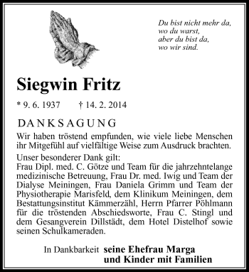 Traueranzeige von Siegwin Fritz von Südthüringer Presse