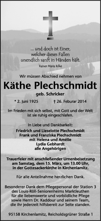 Traueranzeige von Käthe Plechschmidt von Frankenpost