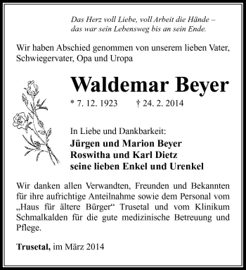 Traueranzeige von Waldemar Beyer von Südthüringer Presse