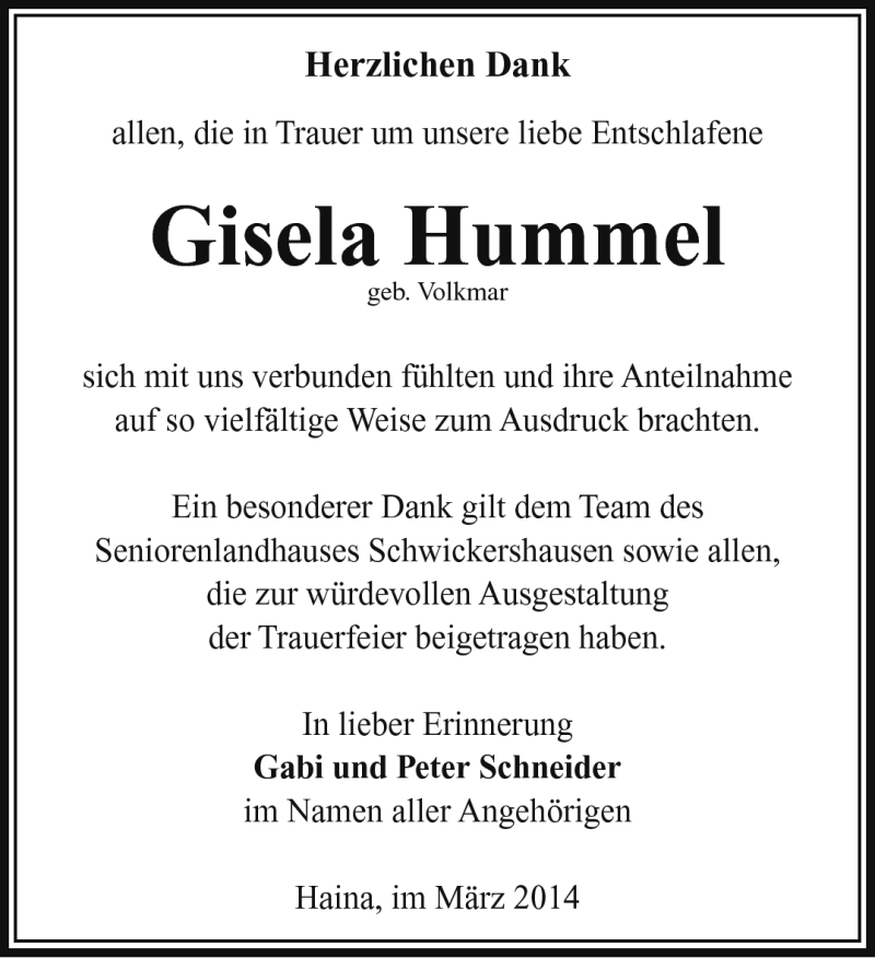  Traueranzeige für Gisela Hummel vom 15.03.2014 aus Südthüringer Presse