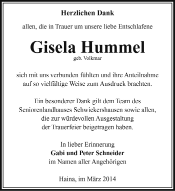 Traueranzeige von Gisela Hummel von Südthüringer Presse