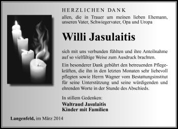 Traueranzeige von Willi Jasulaitis von Südthüringer Presse
