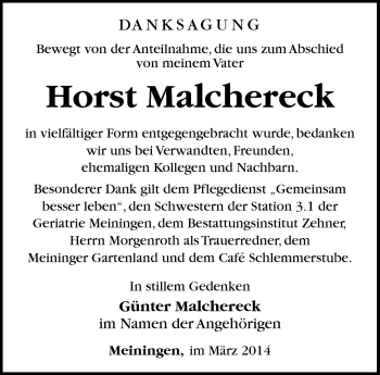 Traueranzeige von Horst Malchereck von Südthüringer Presse