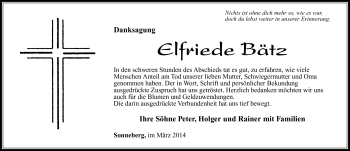 Traueranzeige von Elfriede Bätz von Südthüringer Presse