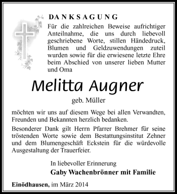 Traueranzeige von Melitta Augner von Südthüringer Presse