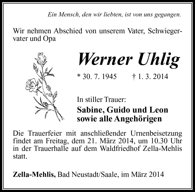  Traueranzeige für Werner Uhlig vom 14.03.2014 aus Südthüringer Presse