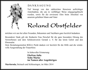 Traueranzeige von Roland Obstfelder von Südthüringer Presse