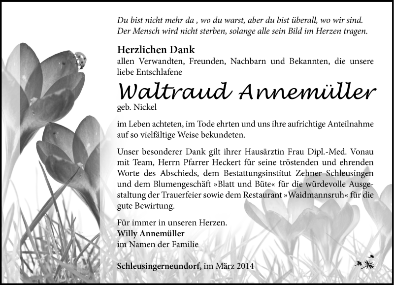  Traueranzeige für Waltraud Annemüller vom 15.03.2014 aus Südthüringer Presse