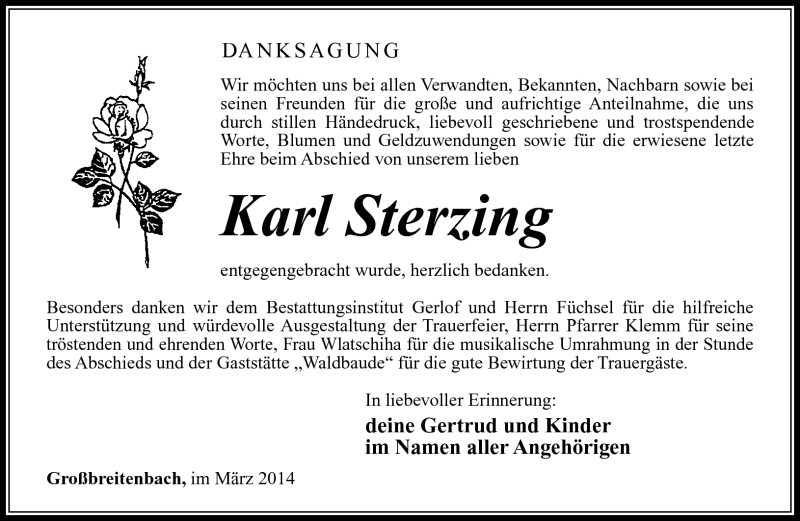  Traueranzeige für Karl Sterzing vom 15.03.2014 aus Südthüringer Presse