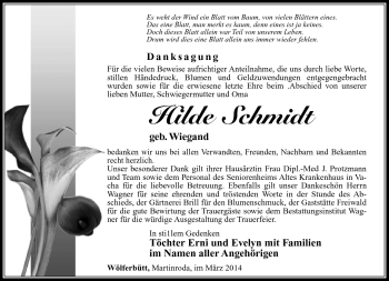Traueranzeige von Hilde Schmidt von Südthüringer Presse