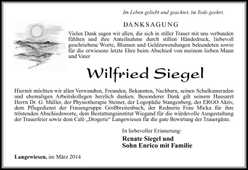 Traueranzeige von Wilfried Siegel von Südthüringer Presse