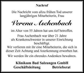 Traueranzeige von Verena Aschenbach von Südthüringer Presse