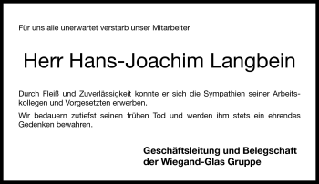 Traueranzeige von Hans-Joachim Langbein von Neue Presse Coburg