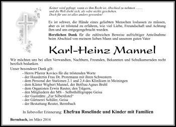 Traueranzeige von Karl-Heinz Mannel von Südthüringer Presse