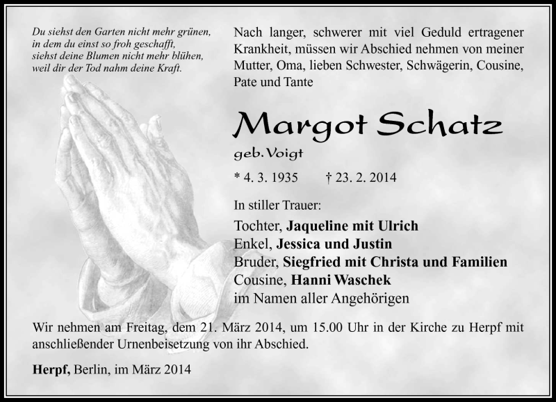  Traueranzeige für Margot Schatz vom 18.03.2014 aus Südthüringer Presse