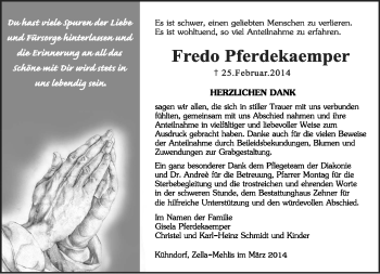 Traueranzeige von Fredo Pferdekaemper von Südthüringer Presse