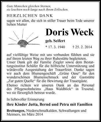 Traueranzeige von Doris Weck von Südthüringer Presse