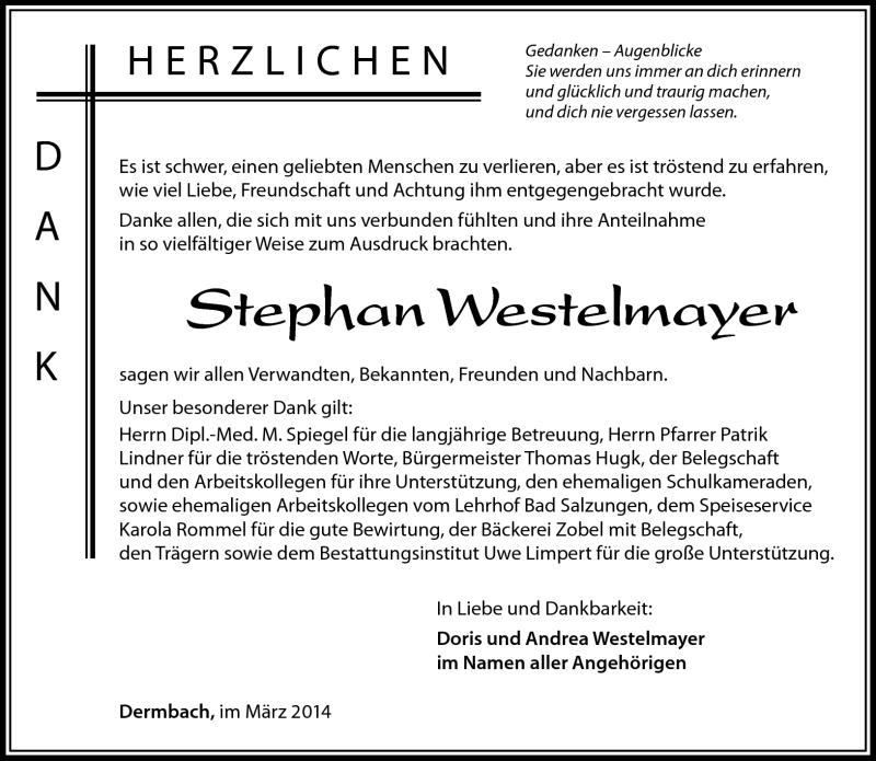  Traueranzeige für Stephan Westelmayer vom 19.03.2014 aus Südthüringer Presse