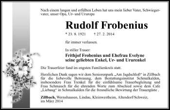 Traueranzeige von Rudolf Frobenius von Südthüringer Presse