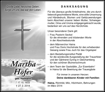 Traueranzeige von Martha Höfer von Südthüringer Presse