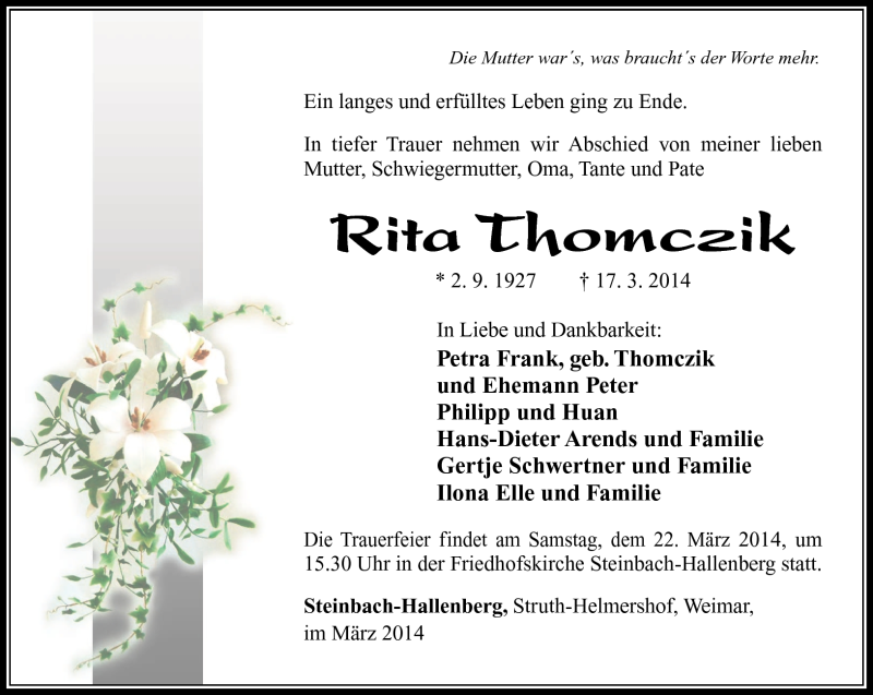  Traueranzeige für Rita Thomczik vom 20.03.2014 aus Südthüringer Presse