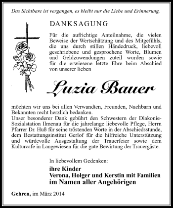 Traueranzeige von Luzia Bauer von Südthüringer Presse