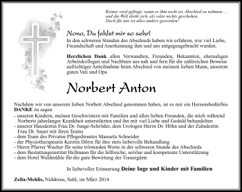 Traueranzeige von Norbert Anton von Südthüringer Presse