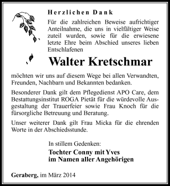 Traueranzeige von Walter Kretschmar von Südthüringer Presse